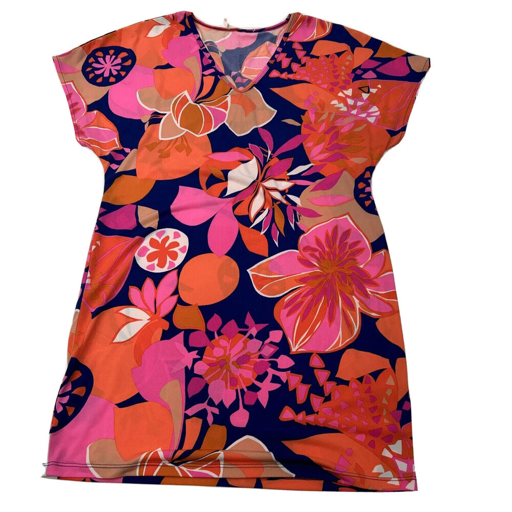 Trina Turk Womens XS Pink Orange Cover Up Dress Blossoms Resortwear Short Sleeve